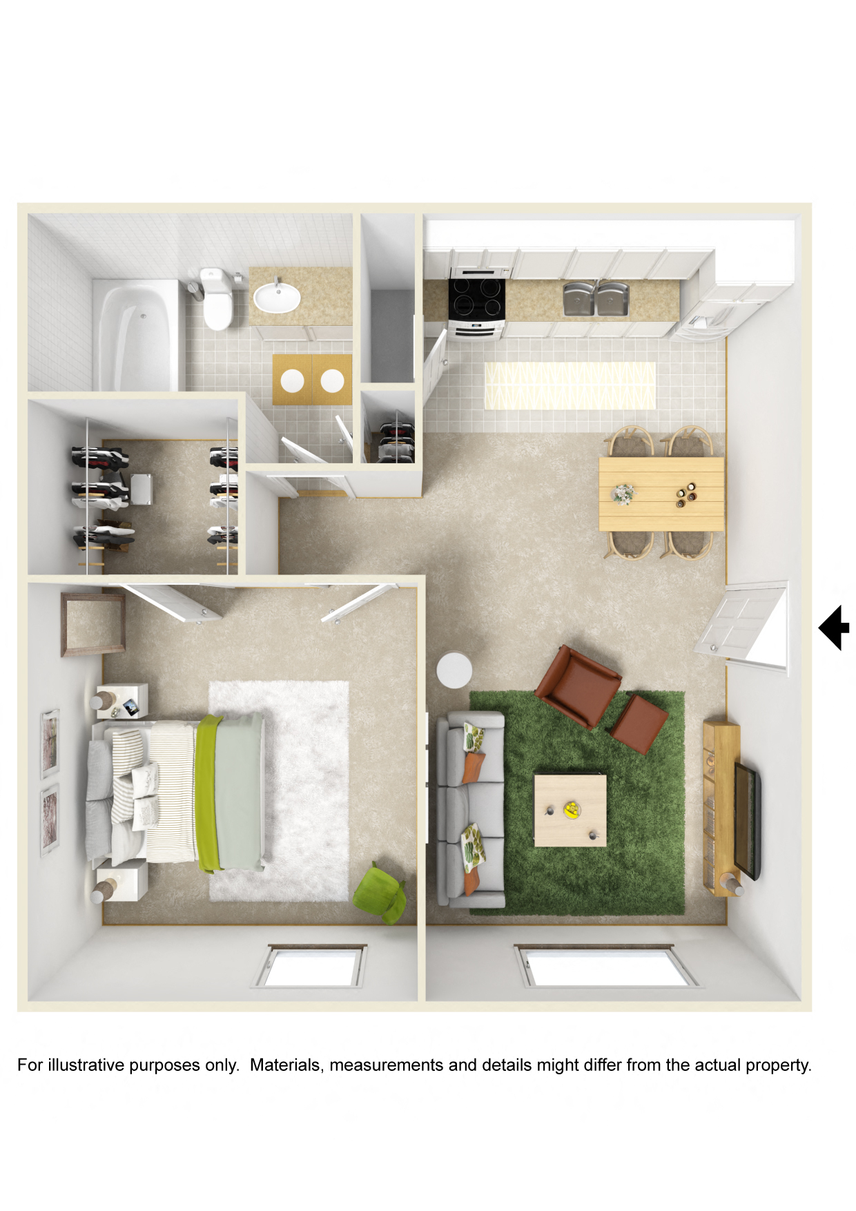 Floor plan for 1 bed, 1 bath, 588 sqft
